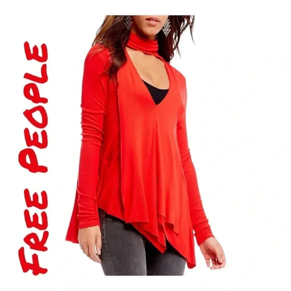 Free people mock neck high low sweater top red S - Picture 1 of 11